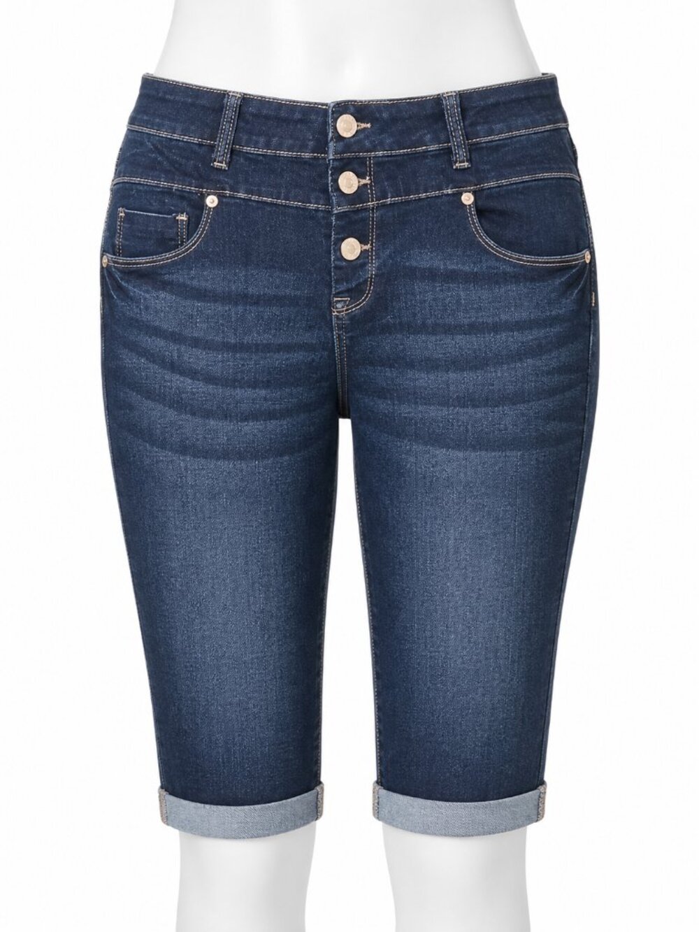 Sandpiper Dark Wash Bermuda Shorts  stretch cuffed hem 3-Button Fly